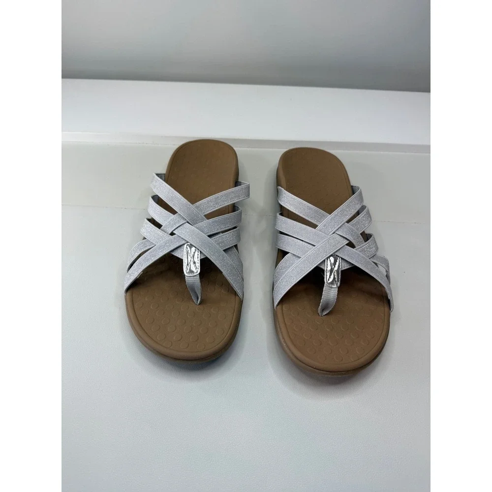 Vionic Tia Silver Metallic Strappy Orthotic Thong Sandals Womens 12 NEW